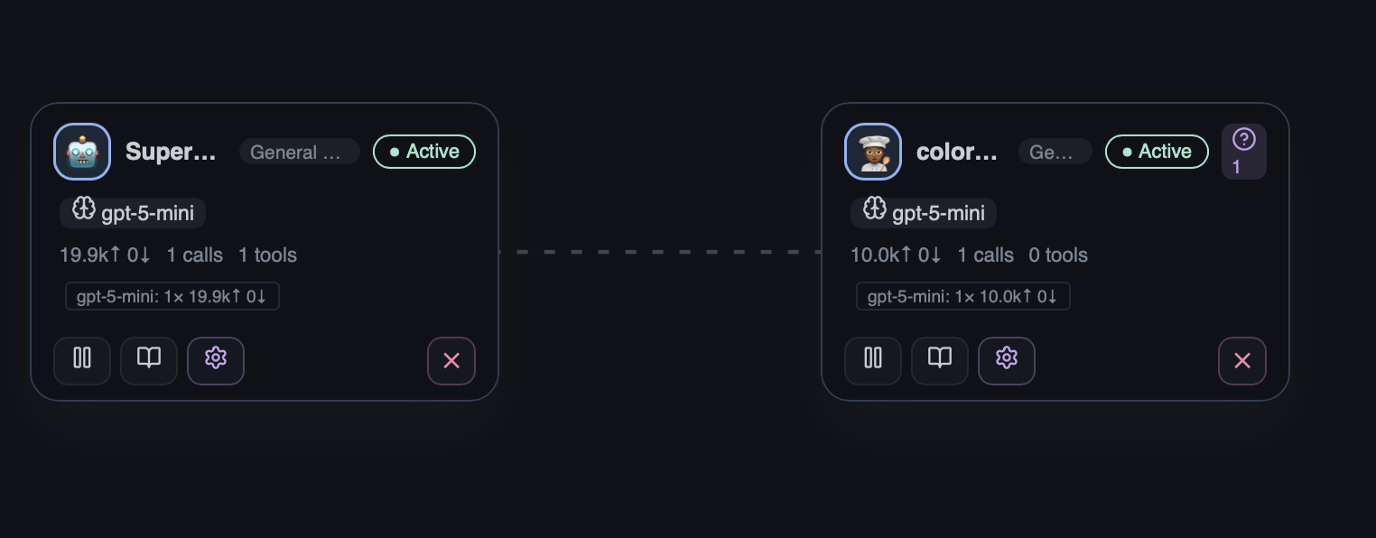 Agent Stage showing a question badge on a bot awaiting user input