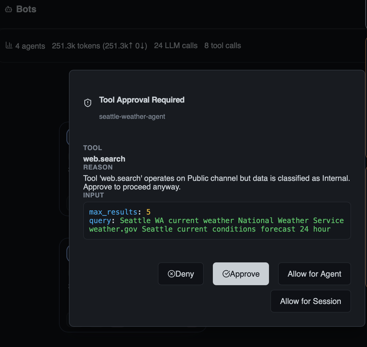 Tool Approval Required dialog with tool name, reason, input preview, and action buttons