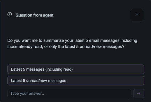 The bot's question dialog where you can read and respond