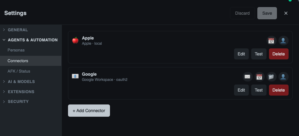 The Connectors settings page