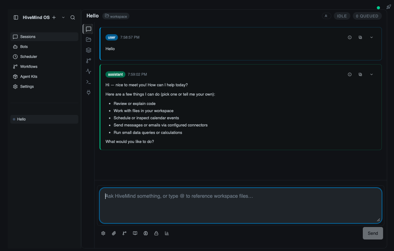 The Chat view with the agent greeting after completing setup