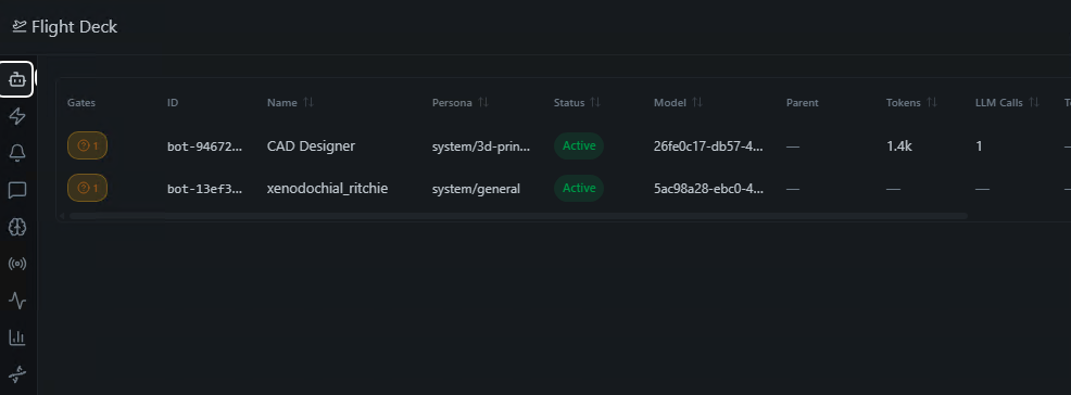 The Flight Deck Agents panel showing running bots