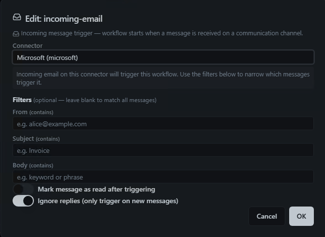 Adding an Incoming Message trigger to the workflow