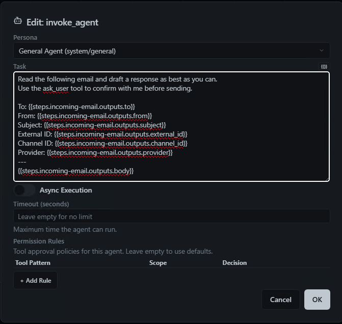 Configuring the Invoke Agent step with the Customer Support persona