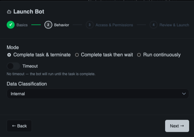 Launch Bot wizard — Step 2: Set launch prompt and mode