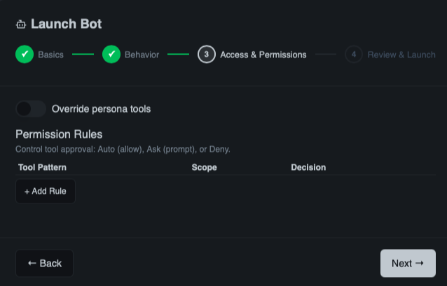 Launch Bot wizard — Step 3: Configure permissions