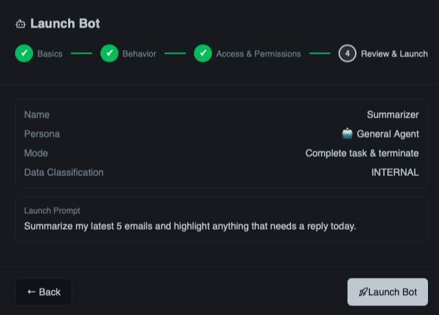 Launch Bot wizard — Step 4: Review and launch