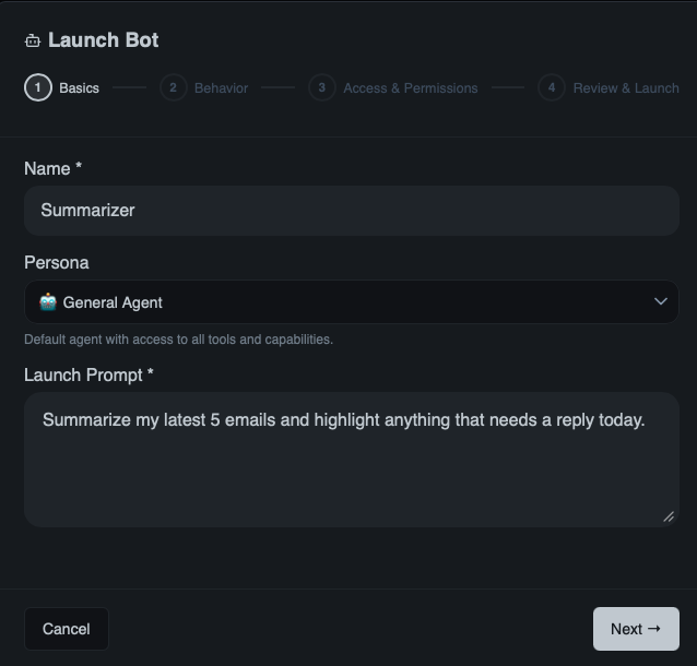 The Launch Bot wizard