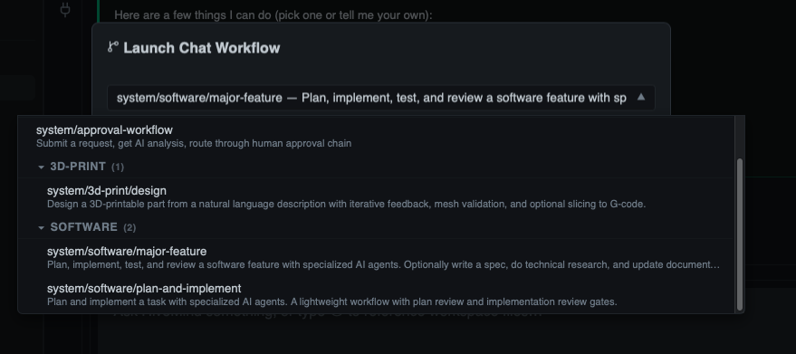 The chat workflow picker dialog