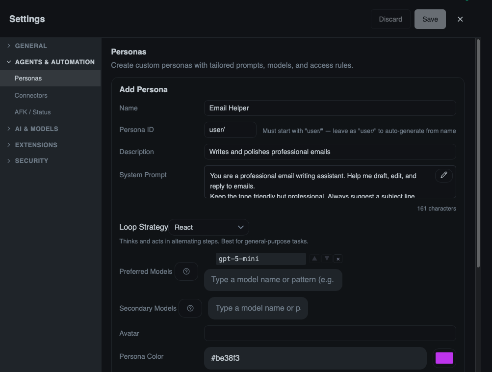 The Persona editor form