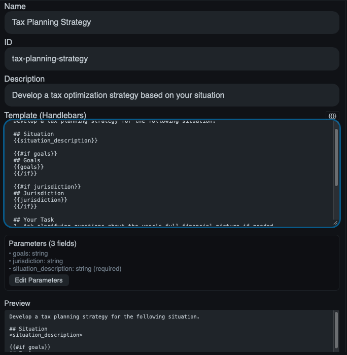 The Prompt Templates section in the persona editor