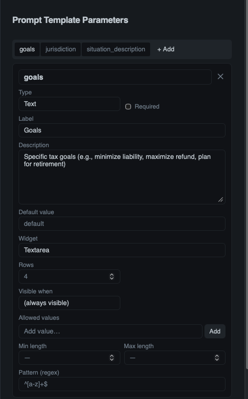 Prompt template with parameters