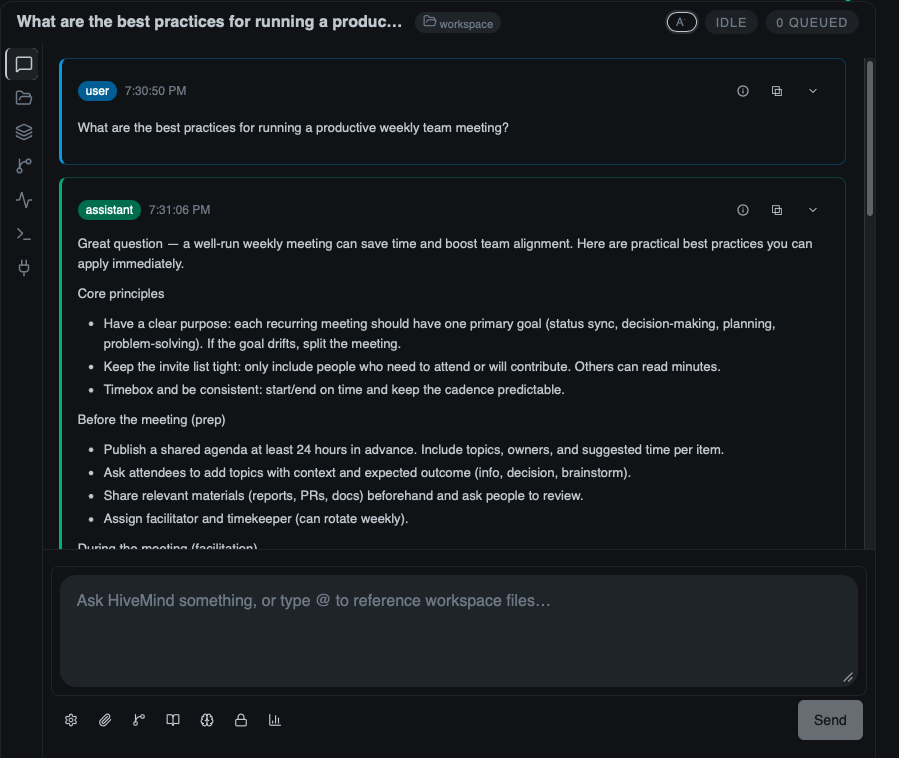 The Chat view with the General persona selected and a sample conversation