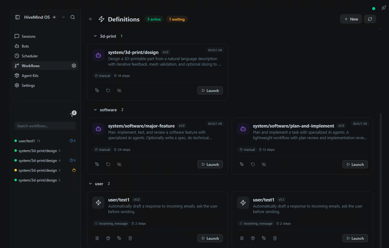 The workflow definitions view with Launch button